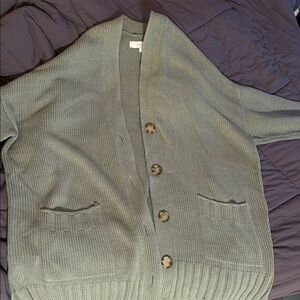 LOFT Green Cardigan Sweater V-Neck Ribbed Knit